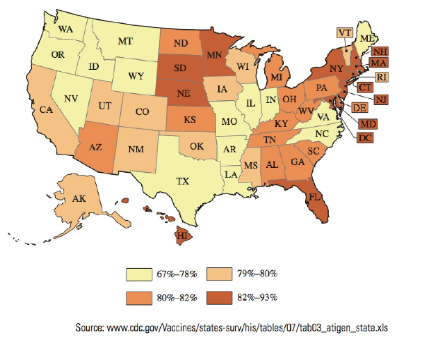 Chapter P, Problem 38PS, The map shows the percent of children ages 19-35 months who are immunized by the state. What 