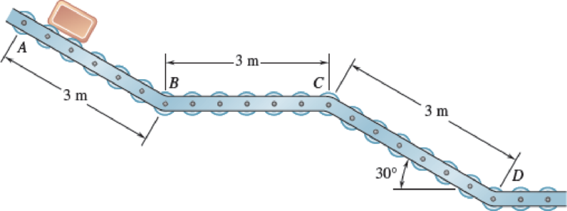 Chapter 12.1, Problem 12.10P, A 4-kg package is released from rest at point A and travels down the conveyor shown. Portions AB and 