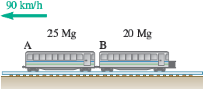 Chapter 12.1, Problem 12.12P, A light train made up of two cars is traveling at 90 km/h when the brakes are applied to both cars. 