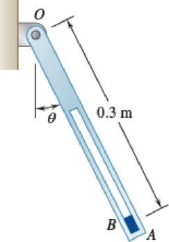 Chapter 12.1, Problem 12.61P, A small block B fits inside a slot cut in arm OA that rotates in a vertical plane at a constant 