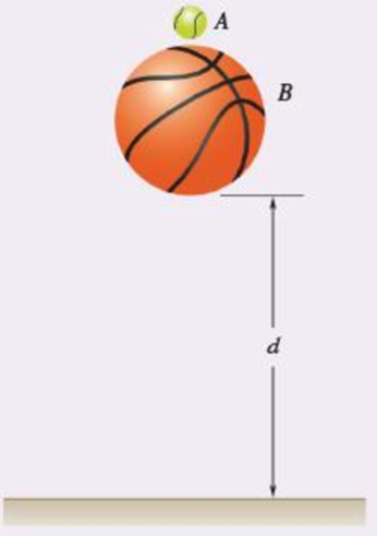 Chapter 13, Problem 13.197RP, A 625-g basketball and a 58.5-g tennis ball are dropped from a height of d = 1.5 m onto the floor. 