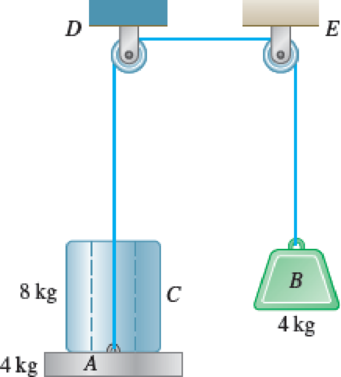 Chapter 13.3, Problem 13.133P, An 8-kg cylinder C rests on a 4-kg platform A supported by a cord that passes over the pulleys D and 