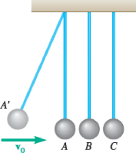 Chapter 13.4, Problem 13.161P, Three steel spheres of equal mass are suspended from the ceiling by cords of equal length which are 