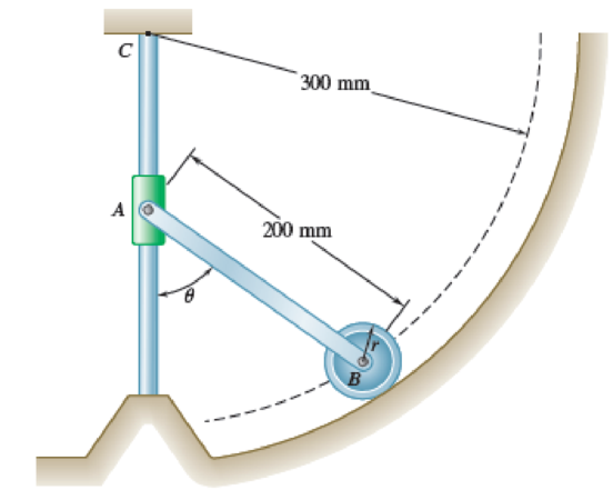 Chapter 15, Problem 15.254RP, Rod AB is attached to a collar at A and is fitted with a wheel at B that has a radius r = 15 mm. 