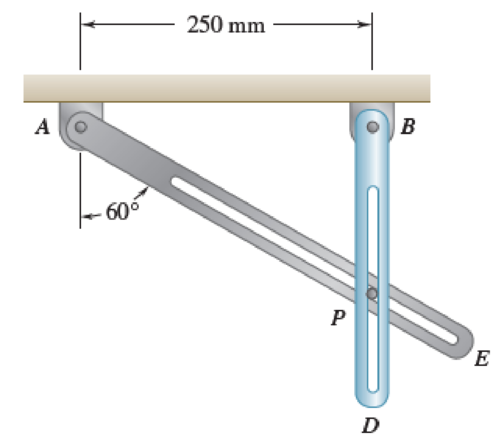 Chapter 15.5, Problem 15.150P, The motion of pin P is guided by slots cut in rods AE and BD. Knowing that the rods rotate with the 