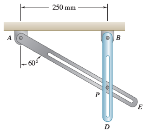 Chapter 15.5, Problem 15.151P, The motion of pin P is guided by slots cut in rods AE and BD. Knowing that the rods rotate with the 