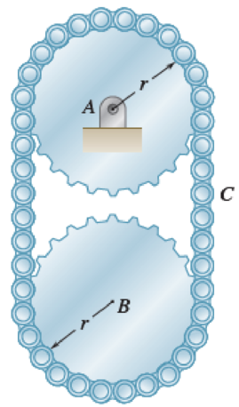 Chapter 16.2, Problem 16.143P, Two disks, each with a mass m and a radius r, are connected as shown by a continuous chain belt of 