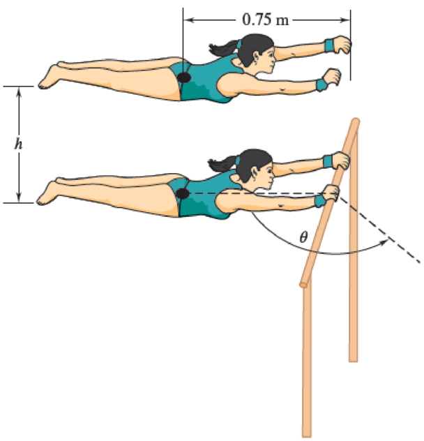 Chapter 17.3, Problem 17.116P, The 40-kg gymnast drops from her maximum height of h = 0.5 m straight down to the bar as shown. Her 
