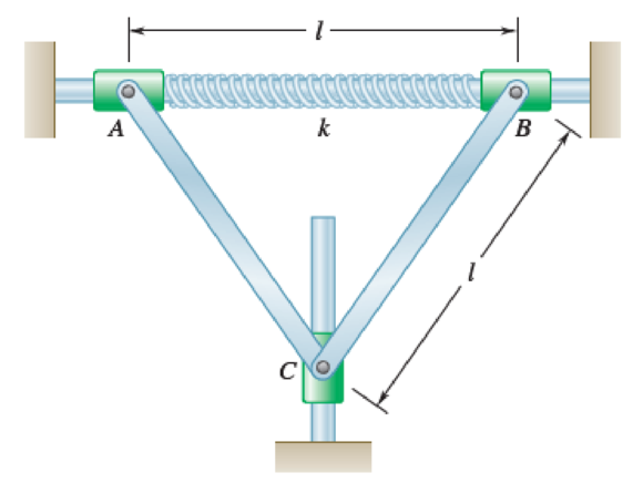 Chapter 19.3, Problem 19.96P, Three collars each have a mass m and are connected by pins to bars AC and BC, each having length l 