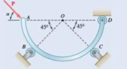 Chapter 4.1, Problem 4.41P, The semicircular rod ABCD is maintained in equilibrium by the small wheel at D and the rollers at B 