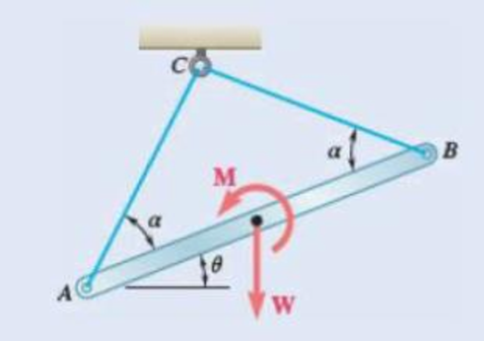 Chapter 4.1, Problem 4.51P, A uniform rod AB with a length of l and weight of W is susper from two cords AC and BC of equal 