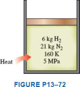 Chapter 13.3, Problem 72P, A pistoncylinder device contains 6 kg of H2 and 21 kg of N2 at 160 K and 5 MPa. Heat is now 