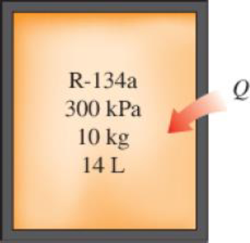 Chapter 3.8, Problem 42P, 10 kg of R-134a at 300 kPa fills a rigid container whose volume is 14 L. Determine the temperature 