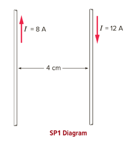Chapter 14, Problem 1SP, Two long parallel wires carry currents of 8 A and 12 A in opposite directions, as shown in this 
