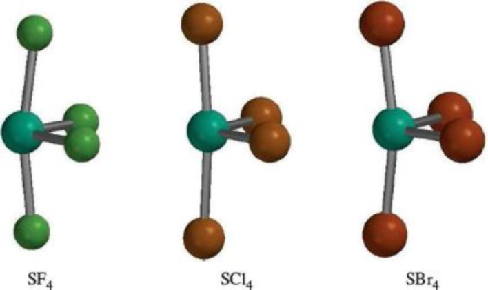 Chapter 10, Problem 10.125IME, Shown here are molecular models of SX4 for X = F, Cl, and Br. Comment on the trends in the bond 