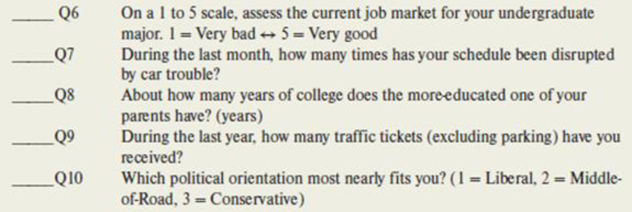 Chapter 2, Problem 34CE, Below are five questions from a survey of MBA students Answers were written in the blank at the left 
