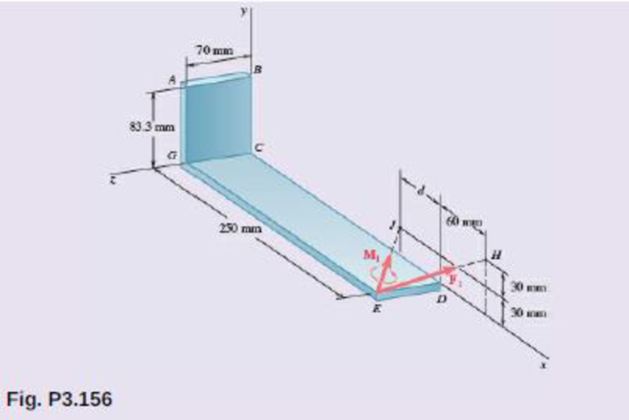 Chapter 3, Problem 3.156RP, A 77-N force F1 and a 31-Nm couple M1 are applied to corner E of the bent plate shown. If F1 and M1 