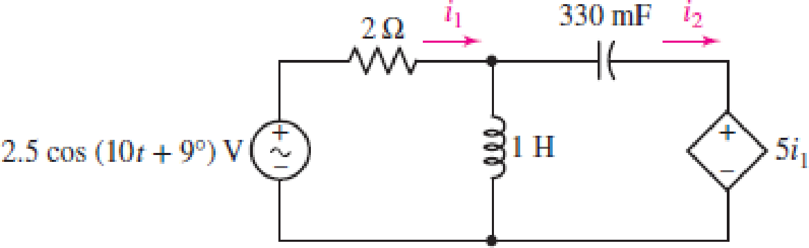 Chapter 10, Problem 52E, Employ phasor analysis techniques to obtain expressions for the two mesh currents i1 and i2 as shown 