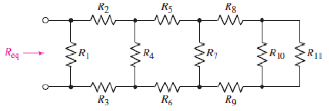 Chapter 3, Problem 49E, Calculate the equivalent resistance Req of the network shown in Fig. 3.88 if R1 = R2 =  = R11 = 10 . 
