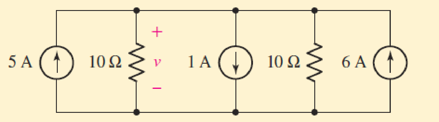 Chapter 3.6, Problem 10P, Determine the voltage v in the circuit of Fig. 3.23 after first replacing the three sources with a 