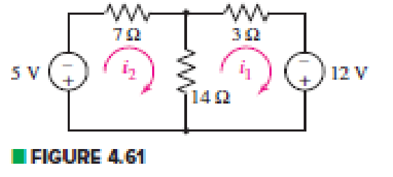 Chapter 4, Problem 33E, Obtain numerical values for the two mesh currents i1 and i2 in the circuit shown in Fig. 4.61. 