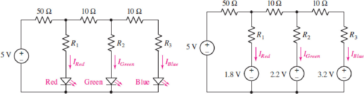 Chapter 4, Problem 72E, Consider the LED circuit containing a red, green, and blue LED as shown in Fig. 4.89. The LEDs 
