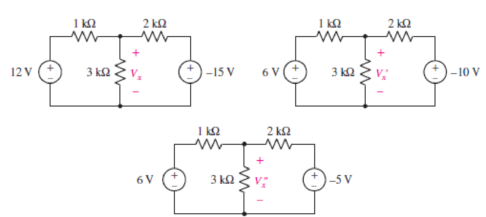 Chapter 5, Problem 9E, Consider the three circuits shown in Fig. 5.54. Analyze each circuit, and demonstrate that Vx=Vx+Vx , example  2