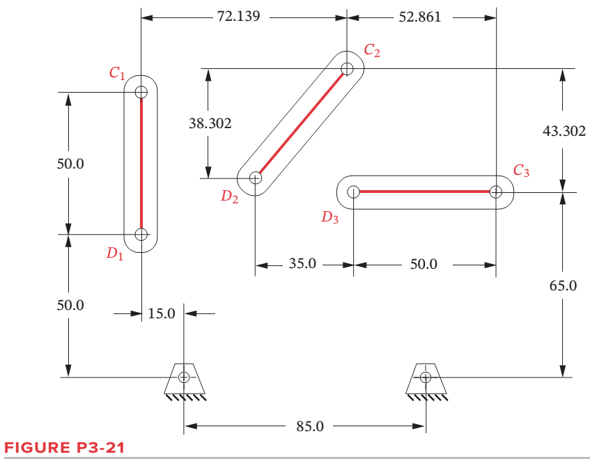 Chapter 3, Problem 3.89P, Design a fourbar mechanism to give the three positions of coupler motion shown in Figure P3-21. (See 
