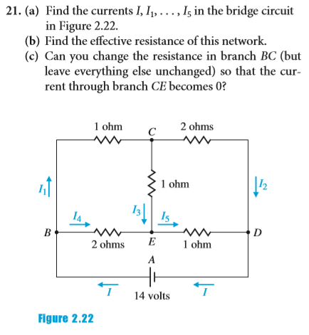 Chapter 2.4, Problem 21EQ, 21. (a) Find the currents  in the bridge circuit in Figure 2.22.
(b) Find the effective resistance 
