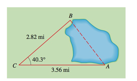 Chapter 5.6, Problem 39E, Surveying To find the distance across a small lake, a surveyor has taken the measurements shown. 