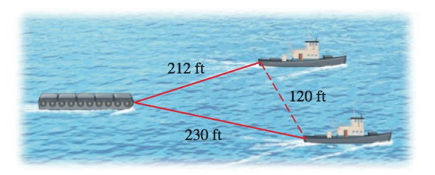 Chapter 5.6, Problem 48E, Towing a Barge Two tugboats that are 120ft apart pull a barge, as shown. If the length of one cable 