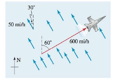 Chapter 9.CR, Problem 12E, True Velocity of a PlaneAn airplane heads N60E at a speed of 600mi/h relative to the air. A wind 
