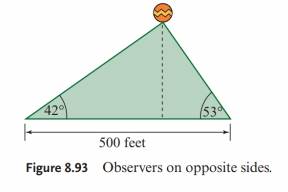 Chapter 8.5, Problem 44E, Two observers are 500feet apart. Each measures the angle of elevation of a hot air balloon that lies , example  1