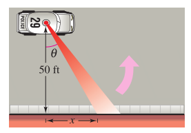 Chapter 2.6, Problem 43E, Linear vs. Angular Speed A patrol car is parked 50 feet from a long warehouse (see figure). The 