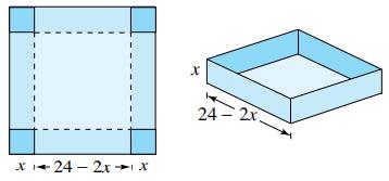 Chapter 2.2, Problem 57E, Maximum Volume An open box of maximum volume is made from a square piece of material 24 centimeters , example  1