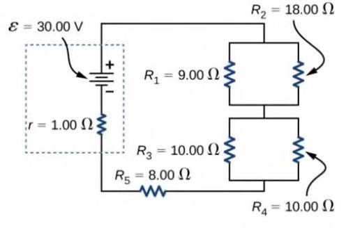 Chapter 10, Problem 69AP, Consider the circuit below. The battery has an emf of  = 30.00 V and an internal resistance of r = 