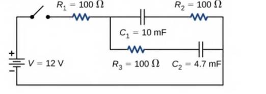 Chapter 10, Problem 75AP, Consider the circuit shown below. What is the energy Stored in each capacitor after the switch has 