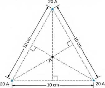 Chapter 12, Problem 65AP, Three long, straight, parallel wires, all carrying 20 A, are positioned as shown in the accompanying 