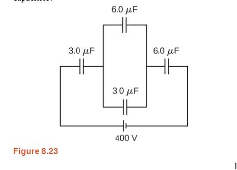 Chapter 8, Problem 71AP, (a) How much energy is stored in the electrical fields in the capacitors (in total) shown below? (b) 