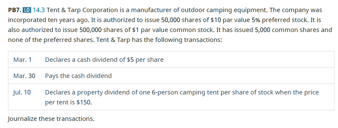 Chapter 14, Problem 7PB, Tent  Tarp Corporation is a manufacturer of outdoor camping equipment. The company was incorporated 