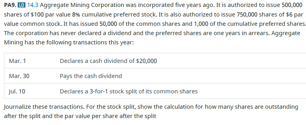 Chapter 14, Problem 9PA, Aggregate Mining Corporation was incorporated five years ago. It is authorized to issue 500,000 